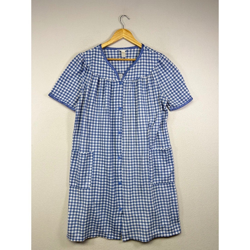 Grandmacore Adonna Sleepwear Med Blue Gingham Button Front House Dress Pockets